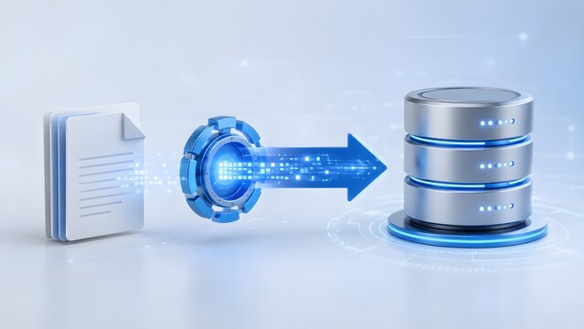Enterprise data processing architecture showing automated document transfer through mechanical gear into secure cloud database server