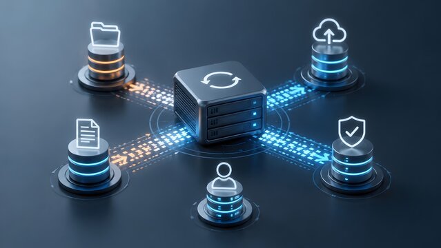 Enterprise cloud database integration and secure data storage architecture with glowing cybersecurity protection modules