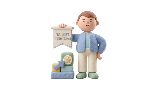 Businessman Holding Target Tercapai Goal Success Banner 3D Felt Clay Style