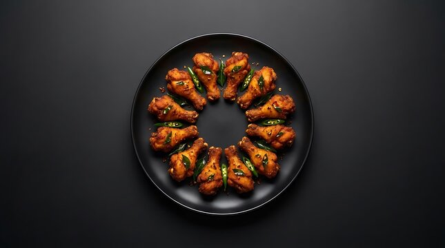 Roasted spicy chicken wings arranged in a circular pattern on a round black plate. chicken 65