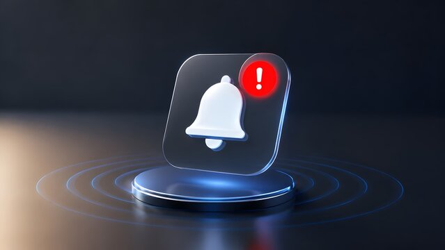 Digital marketing communication and push notification alert concept with glowing message bell icon on futuristic pedestal
