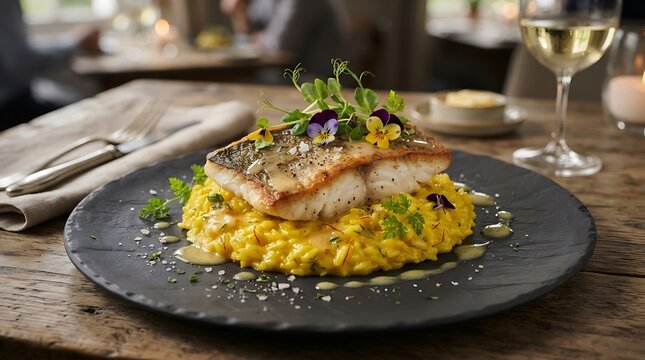 Panseared white fish fillet served over creamy saffron risotto