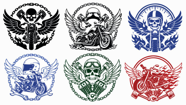 Vintage motorcycle club emblems, biker skull and engine piston badges, 6 vector motorcycle racing logos with wings and chains for apparel design isolated PNG with Transparent Background