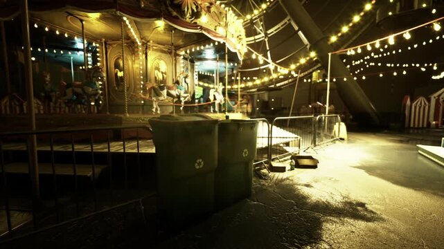 Deserted carousel framed by glowing bulbs, dumpsters and stairs lit by golden evening light empty kiosks and damp asphalt create reflective highlights, warm