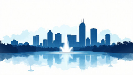 Obraz premium Blue watercolor silhouette of Orlando skyline with Lake Eola fountain on white background
