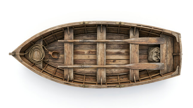 Top view of a wooden rowboat with oars