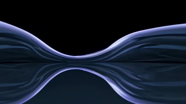 Abstract light waves create a flowing pattern across a reflective surface, transitioning from soft curves to sharp edges in a dark environment with smooth gradients