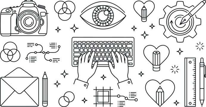 Business doodle vector illustration set of hands typing on keyboard graphic design tools camera eye pen gear ruler