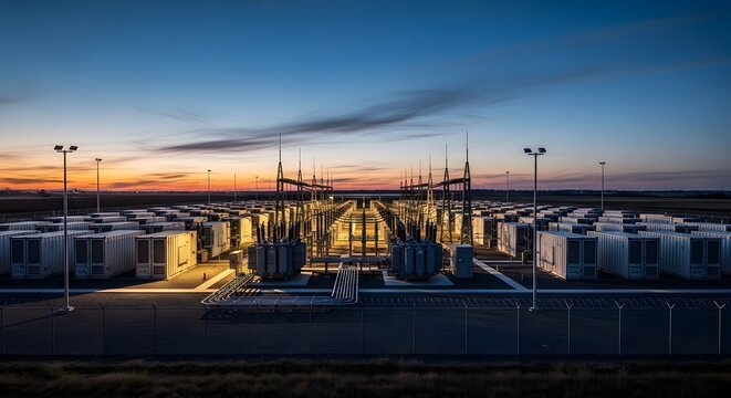 Large scale renewable energy storage facility with transformers and numerous containers