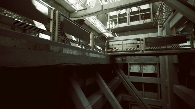 Abandoned factory maintenance environment. Scene portraying repair workers and explorers in deteriorating industrial setting filled with shadows