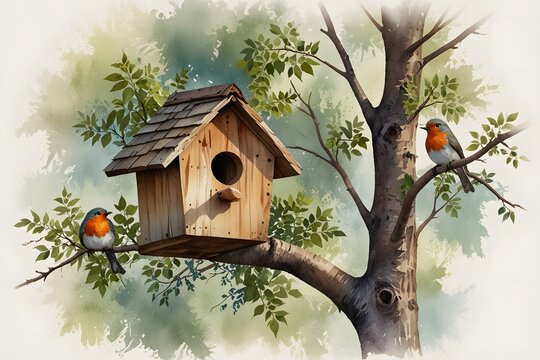 Robin's nest built in a birdhouse attached to a tree