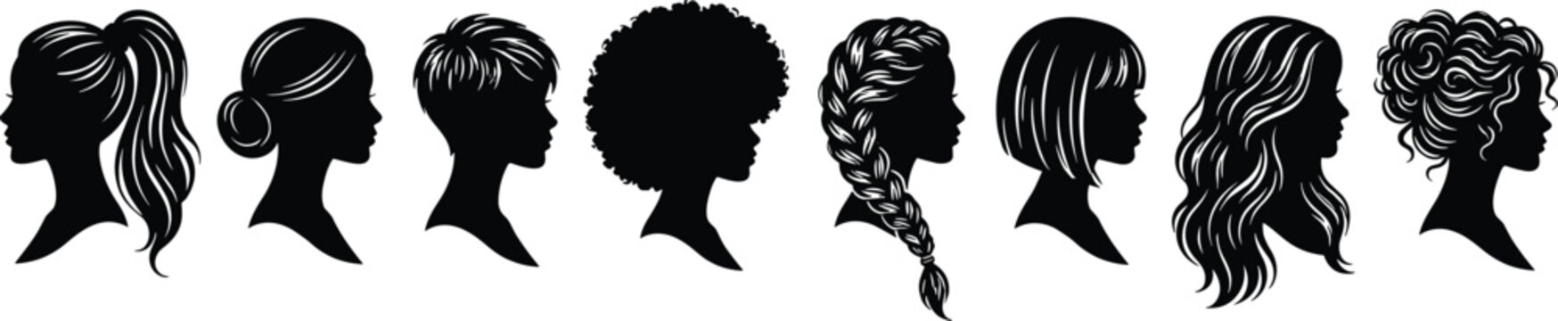 Eight female hairstyle silhouette profiles featuring ponytail, bun, pixie cut, afro, braid, bob, waves, and curly updo