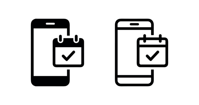 Mobile phone calendar with checkmark icon set, event scheduling and task completion symbol