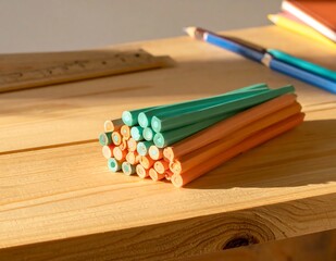 Obraz premium Stack of Green and Orange Pencils on a Wooden Desk.