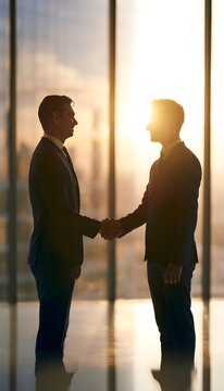 Successful business partners shake hands bathed in golden sunlight reflecting a vibrant cityscape view