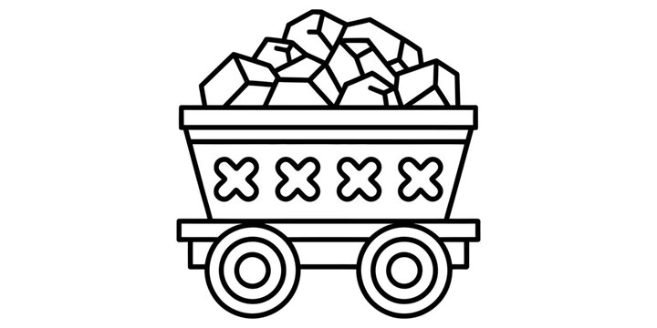 A simple black and white line art icon showing a mine cart filled with chunks of coal for industrial mining and energy production concepts illustration