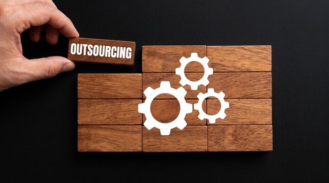 Hand Placing Wooden Block with Outsourcing Text on Gear Icon Background for Business Process Concept