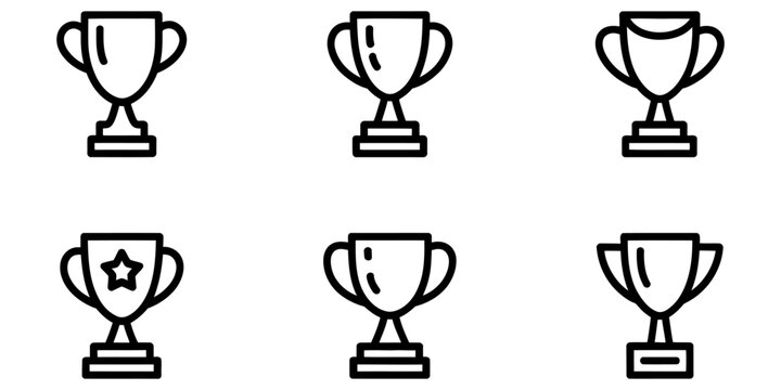Set of simple black outline trophy cup icons for competition awards and achievement symbols isolated on a plain white background illustration