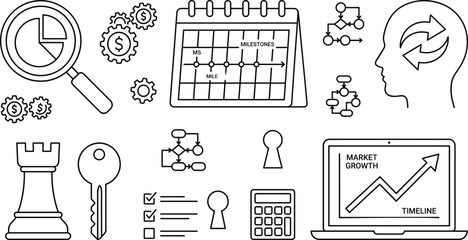Business planning and market growth line icon set featuring project milestone calendar strategy chess chart data analysis timeline © S O H A G