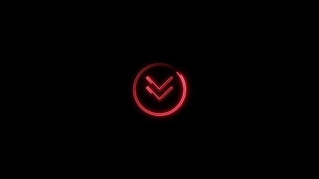 Animated glowing red neon double down arrow icon inside a glowing circle on a dark background. Perfect interface graphic for fast scroll, download, and urgent directional cues.