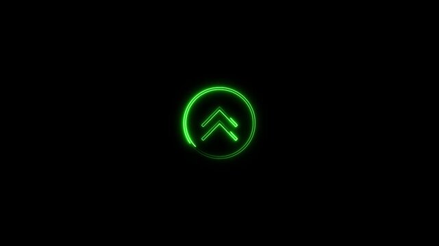 Animated glowing green neon double up arrow icon inside a circle on a dark background. Great visual element for fast scroll up, level up, boost, upload, and growth indication.