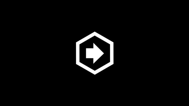 Animated white bold arrow inside a hexagonal frame on a dark background. Clean and modern vector motion graphic ideal for next step, forward direction, and digital navigation UI.