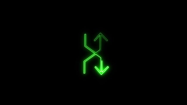 Animated glowing green neon double-ended crossover arrow icon on a dark background. Excellent graphic asset for swap, shuffle, exchange, direction change, and sync animations.