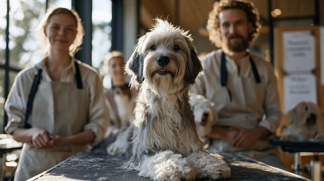 A dog grooming salon hosts a diverse group of trainees in a luxury interior pet spa, multiple breed dogs on elevated tables, group dynamic capturing vocational instruction and