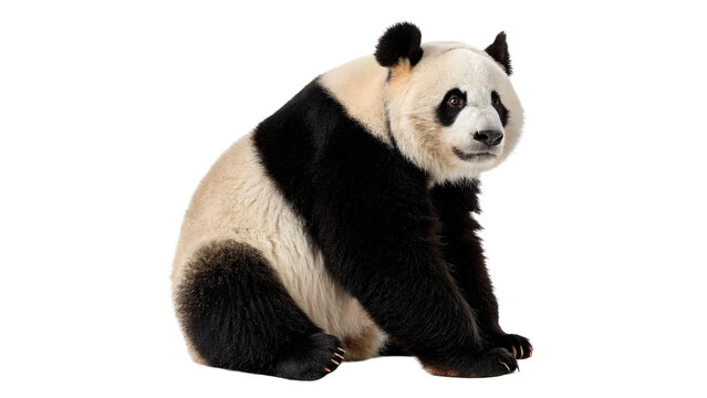 Cute wild panda bear sitting and looking sideways isolated on transparent background