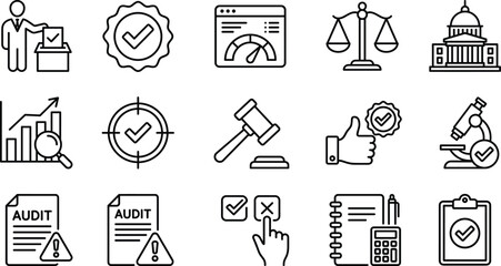 Corporate compliance and legal audit line icon set featuring financial governance voting government scales justice gavel microscope © S O H A G