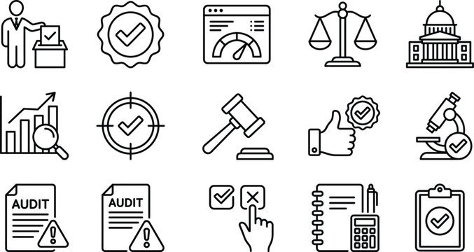 Corporate compliance and legal audit line icon set featuring financial governance voting government scales justice gavel microscope