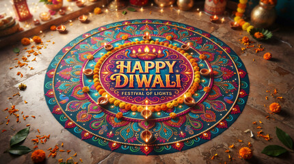 Obraz premium Colorful traditional diwali rangoli design decorated with lit clay diyas