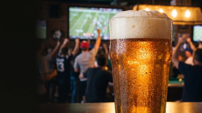 Condensation-covered beer glass with foam glows under warm bar lights near a cheering sports crowd