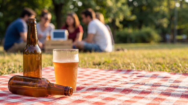 Label-free craft beer bottle and frosted glass rest on a picnic blanket near friends watching sports