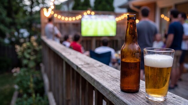 Condensation-covered craft beer bottle and full pint glass sit on a deck railing at a backyard sports party
