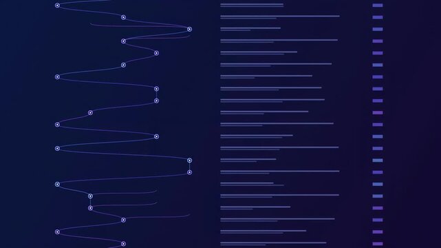 Abstract animated version control commit graph with branches drawn as blue and cyan glowing lines and dots on a deep dark background. Clean minimal motion graphics element with free space around it, i