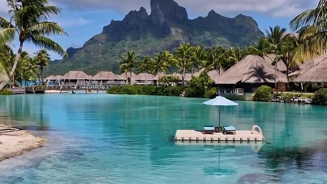 Bora Bora, French Polynesia. Lagoon and Bungalows of Luxury Resort With View on Main Island
