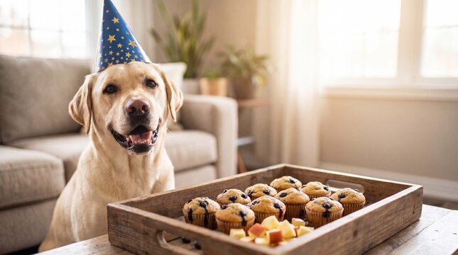Happy dog labrador wearing star party hat celebrates National Dog Day with blueberry muffins at home, playful lifestyle background with copy space