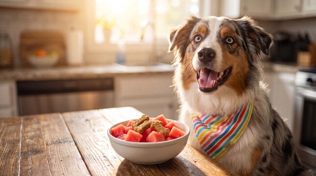 Happy dog shepherd wearing party bandana celebrates National Dog Day with watermelon treats at home, playful candid lifestyle background with copy space