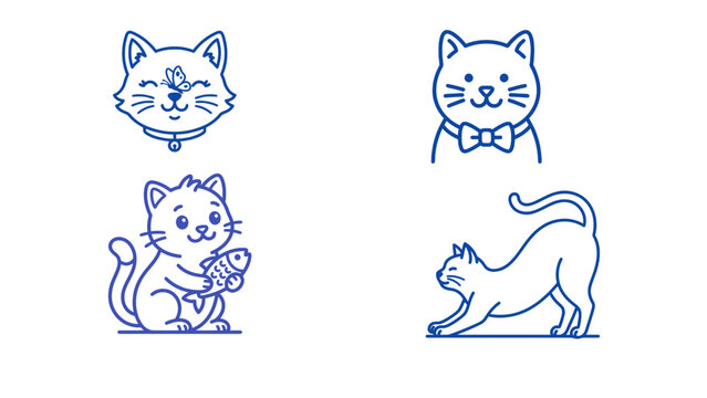 Set of minimalist blue outline icons featuring cute cats in daily life situations minimalist domestic butterfly stretching collection illustration
