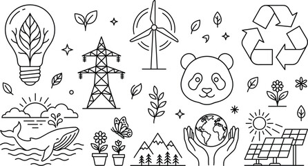 Ecology doodle vector illustration set of green energy recycling windmill solar panels planet panda whale power tower © S O H A G