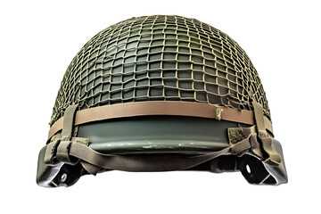 Obraz premium Military combat helmet with protective netting and strap detail isolated on background.