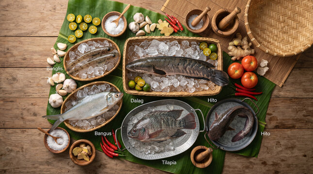 Assorted freshwater fish displayed on crushed ice with tropical cooking ingredients and traditional kitchen tools.