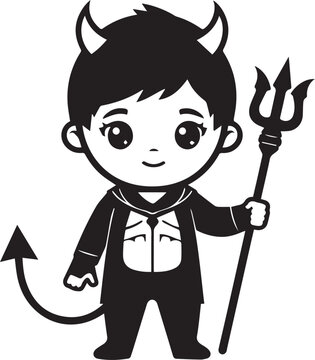 Cute devil cartoon character with horns, tail, and trident, in a whimsical, stylized illustration.