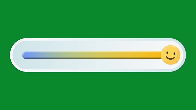 Classic smiling face emoji sliding along a colorful interactive progress meter on green screen.