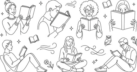 Obraz premium Education doodle vector illustration set of diverse people reading books studying library university students learning literature knowledge