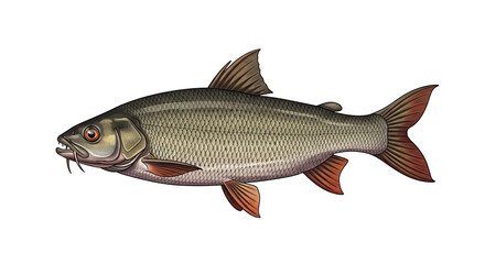 Obraz premium Common barbel fish isolated on white. Freshwater river fish species with detailed scales.