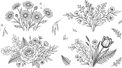Floral bouquet line art set featuring hand drawn rose daisy tulip wildflowers eucalyptus branch leaf botanic garden engraving. © S O H A G