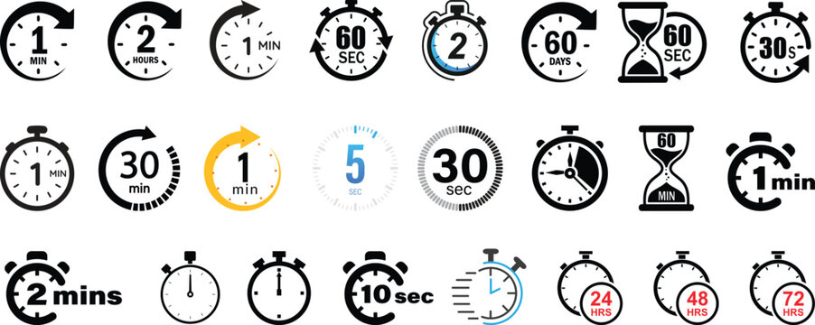 Timer, clock, stopwatch isolated set icons. Countdown timer symbol icon set. Label cooking time. Vector illustration.Set of analog clocks for every hour icon.Stopwatch icon from 1 to 60 minute timer