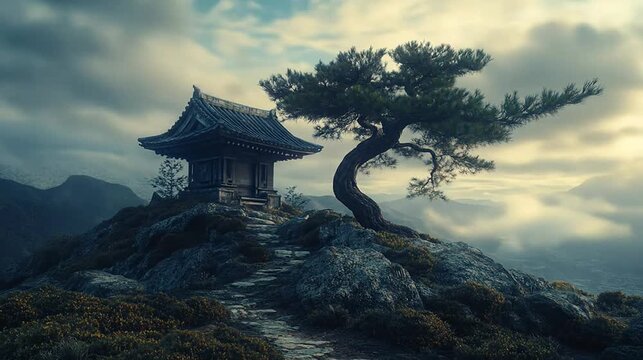 Serene mountain shrine with ancient tree and winding path